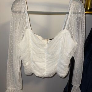 Trendy Plus-Size White Party Top - Sheer Polka Dot Sleeves, 3XL